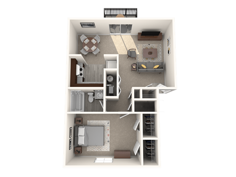 3d rendering of a one bedroom one bath apartment floor plan at Addison on Main